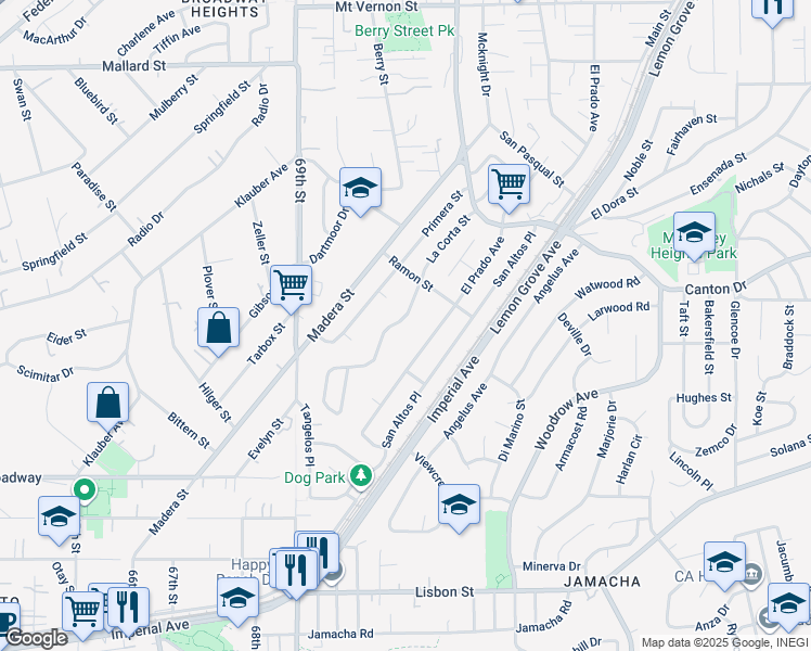 map of restaurants, bars, coffee shops, grocery stores, and more near 1627 La Corta Street in Lemon Grove