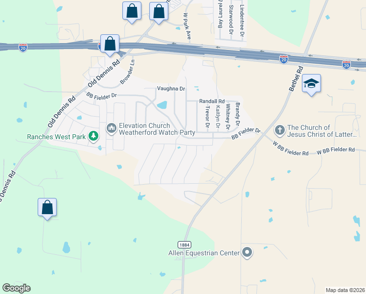 map of restaurants, bars, coffee shops, grocery stores, and more near 2500 Old Buck Drive in Weatherford