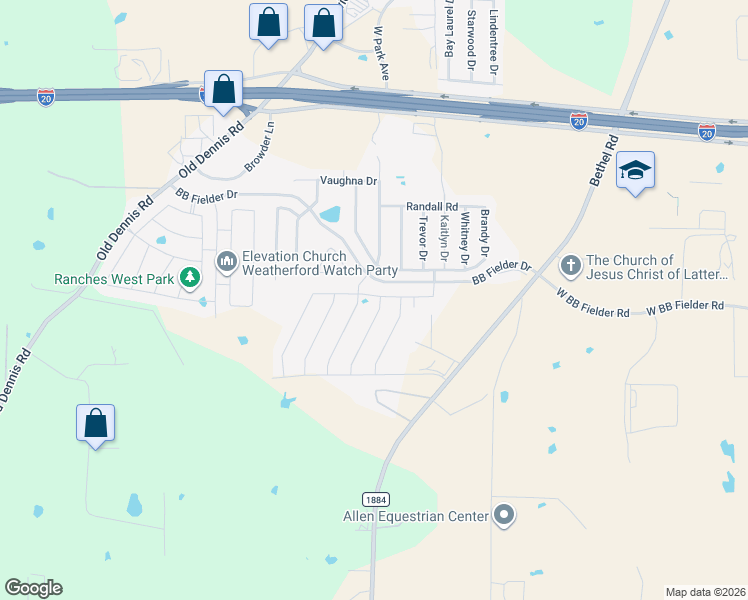 map of restaurants, bars, coffee shops, grocery stores, and more near 2500 Old Buck Drive in Weatherford