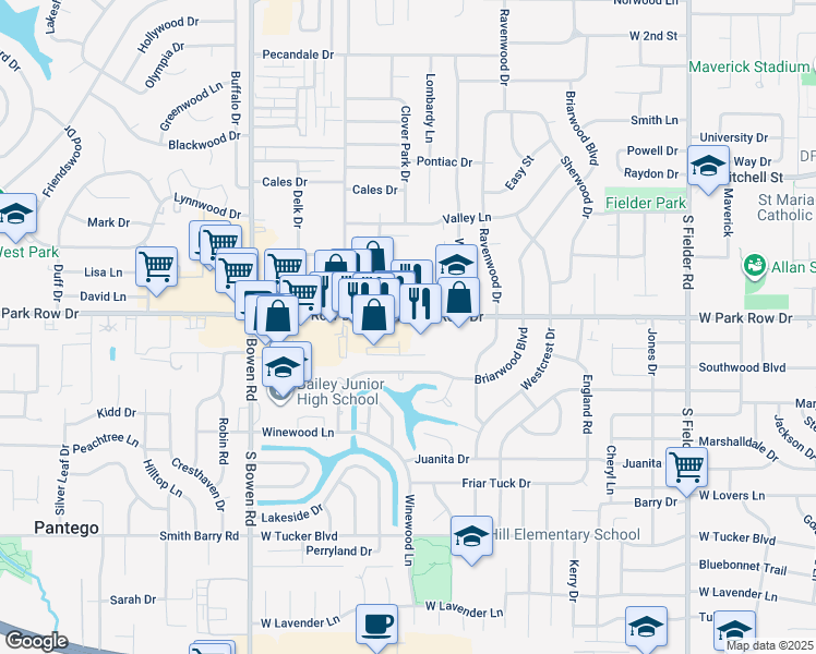 map of restaurants, bars, coffee shops, grocery stores, and more near 2214 West Park Row Drive in Arlington