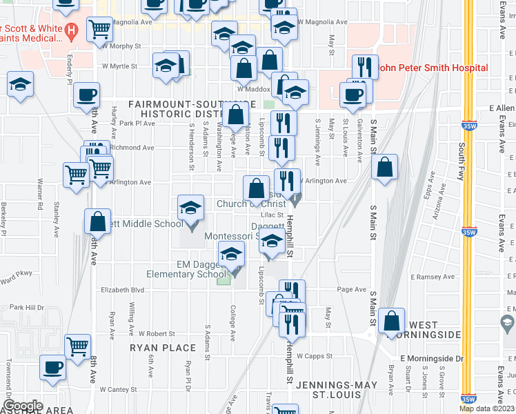 map of restaurants, bars, coffee shops, grocery stores, and more near 2104 Lipscomb Street in Fort Worth