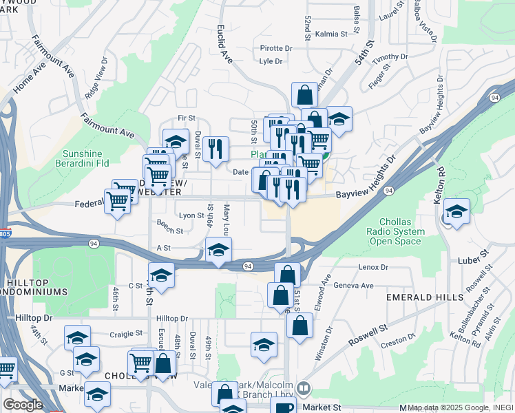 map of restaurants, bars, coffee shops, grocery stores, and more near 1552 Altadena Avenue in San Diego