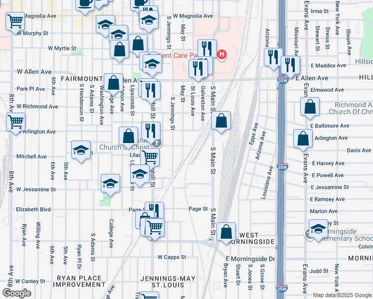 map of restaurants, bars, coffee shops, grocery stores, and more near 2105 May Street in Fort Worth