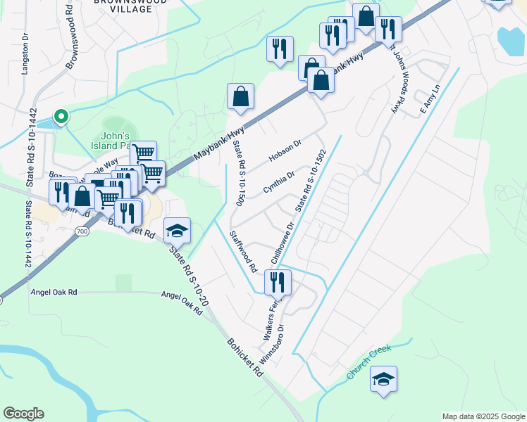 map of restaurants, bars, coffee shops, grocery stores, and more near Thorpe Constantine Avenue in Charleston