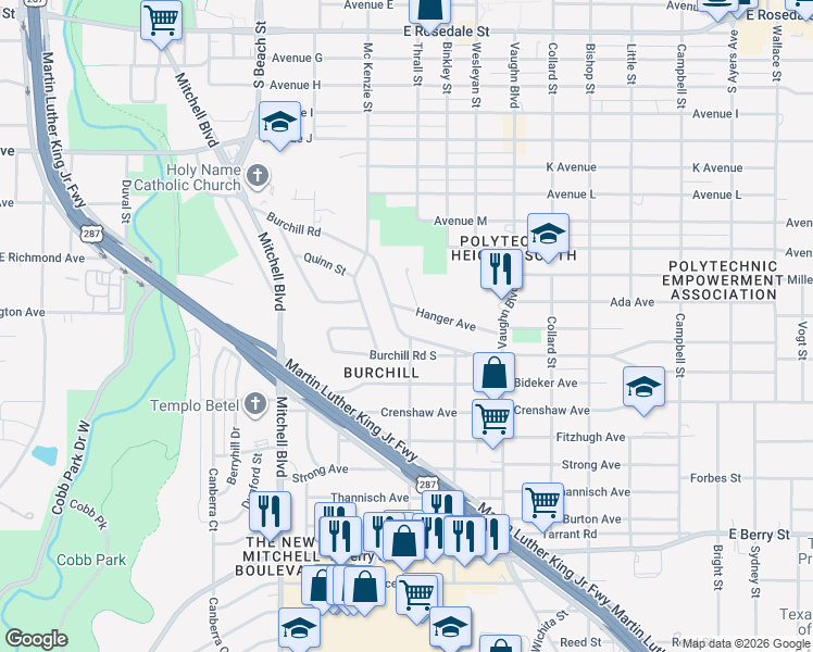 map of restaurants, bars, coffee shops, grocery stores, and more near 2901 Burchill Road South in Fort Worth