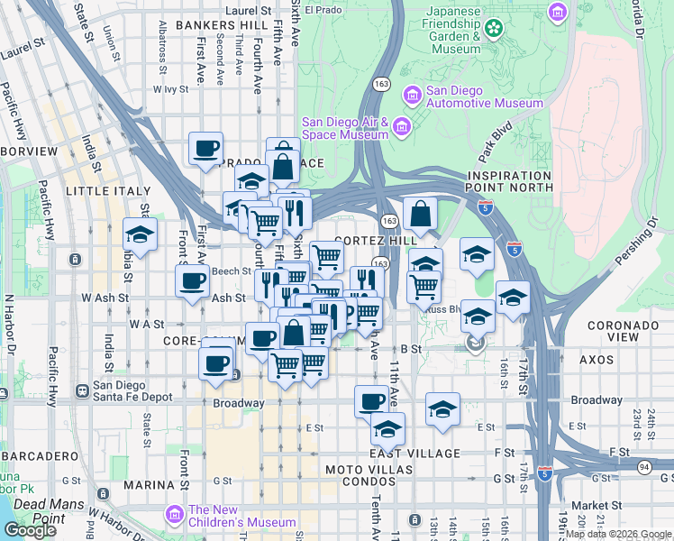 map of restaurants, bars, coffee shops, grocery stores, and more near 8th Avenue & Beech Street in San Diego