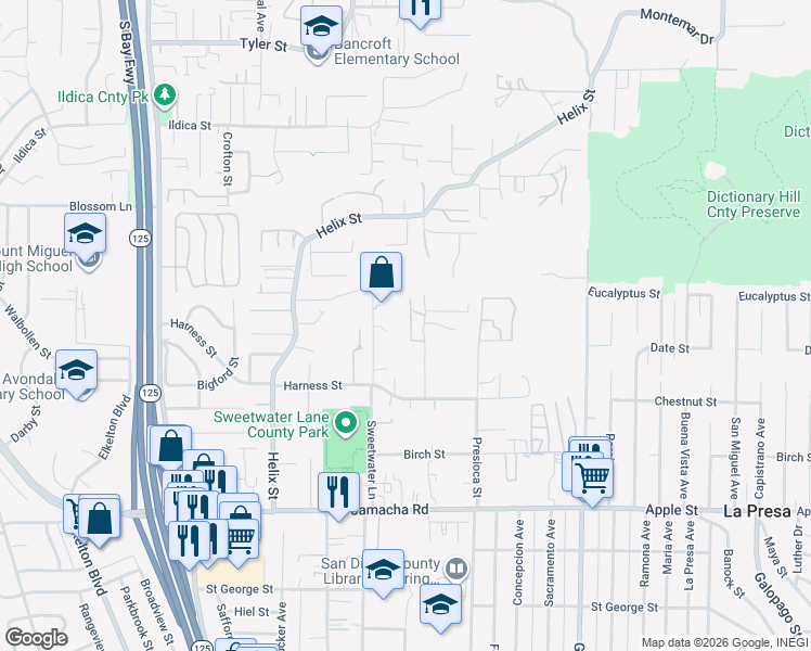 map of restaurants, bars, coffee shops, grocery stores, and more near 1758 Bonneyville Dr in Spring Valley