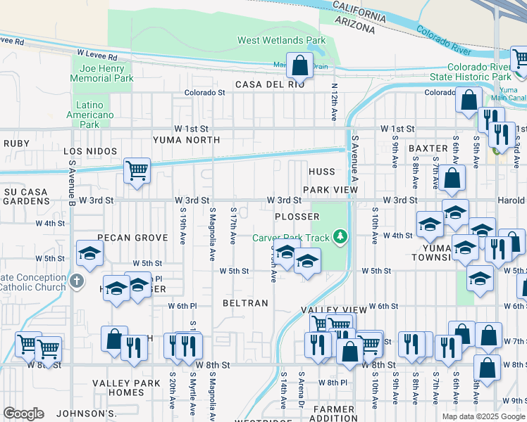map of restaurants, bars, coffee shops, grocery stores, and more near 310 South 15th Avenue in Yuma