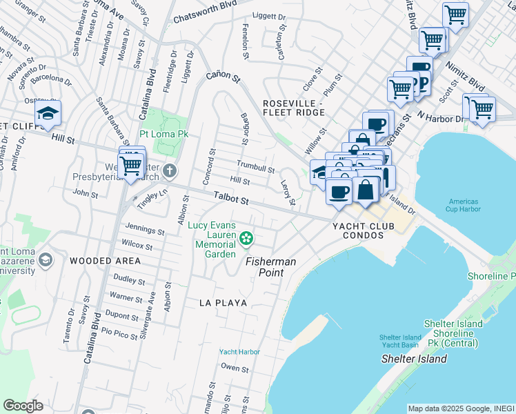 map of restaurants, bars, coffee shops, grocery stores, and more near 3310 Martinez Street in San Diego