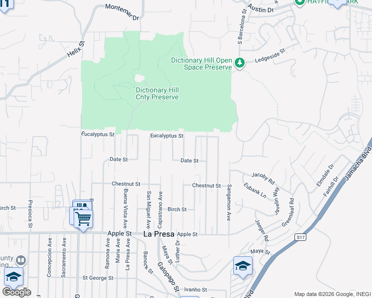 map of restaurants, bars, coffee shops, grocery stores, and more near 1627 Coronado Avenue in Spring Valley
