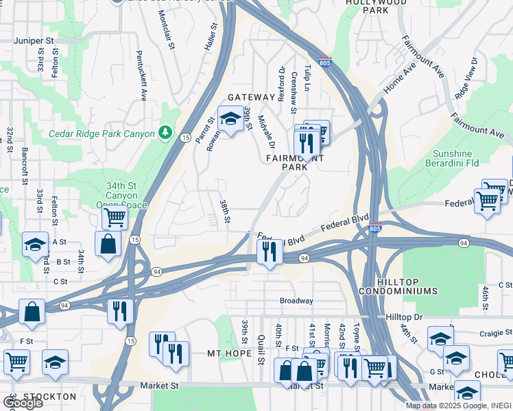 map of restaurants, bars, coffee shops, grocery stores, and more near 3960 Home Avenue in San Diego
