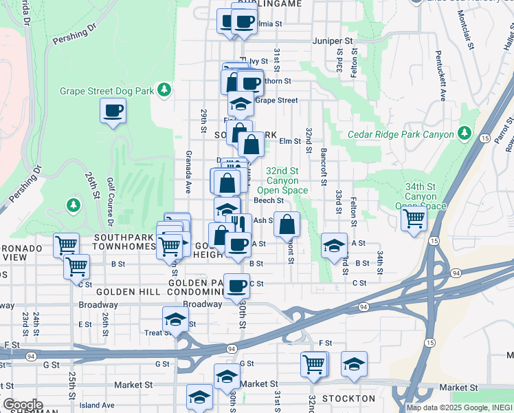 map of restaurants, bars, coffee shops, grocery stores, and more near 1435 Fern Street in San Diego