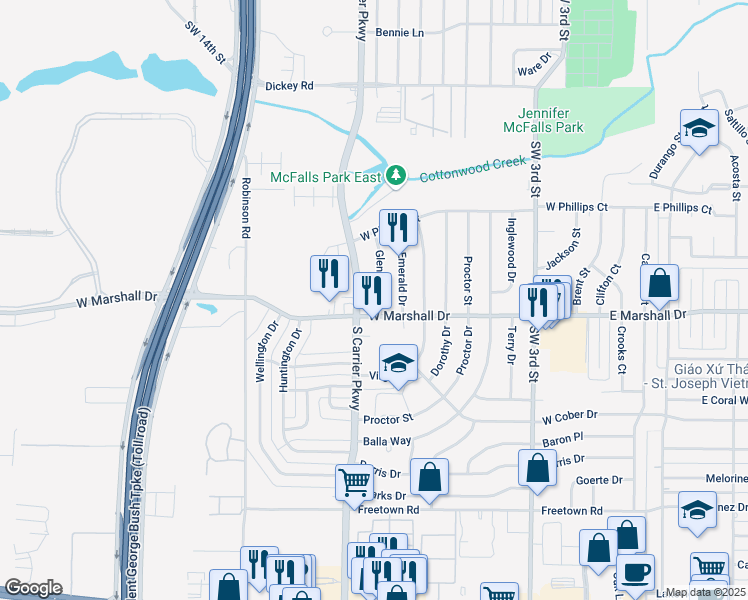 map of restaurants, bars, coffee shops, grocery stores, and more near 1734 Glen Key Street in Grand Prairie