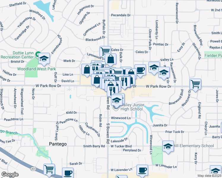 map of restaurants, bars, coffee shops, grocery stores, and more near 2424 West Park Row Drive in Pantego