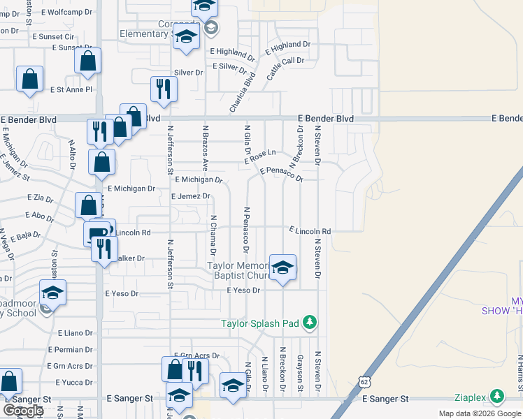 map of restaurants, bars, coffee shops, grocery stores, and more near 1823 North Gila Drive in Hobbs