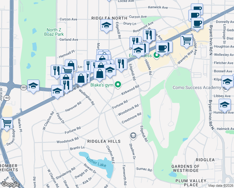 map of restaurants, bars, coffee shops, grocery stores, and more near 6486 Kirkwood Road in Fort Worth
