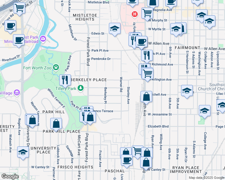 map of restaurants, bars, coffee shops, grocery stores, and more near 2025 Huntington Ln in Fort Worth