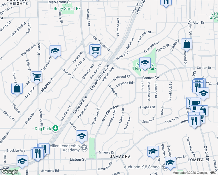 map of restaurants, bars, coffee shops, grocery stores, and more near 1549 Watwood Road in Lemon Grove