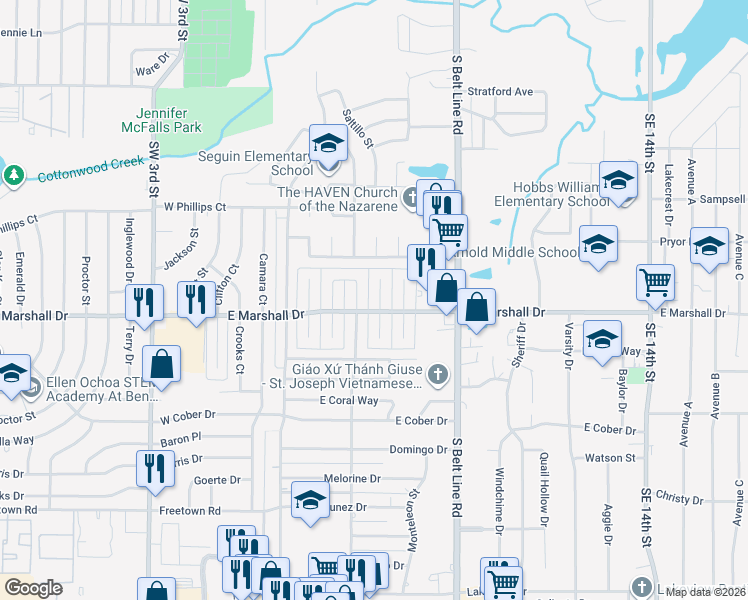 map of restaurants, bars, coffee shops, grocery stores, and more near 1722 Santa Rosa Court in Grand Prairie