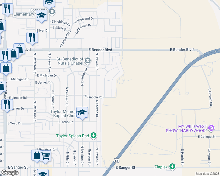 map of restaurants, bars, coffee shops, grocery stores, and more near 1836 North Steven Drive in Hobbs