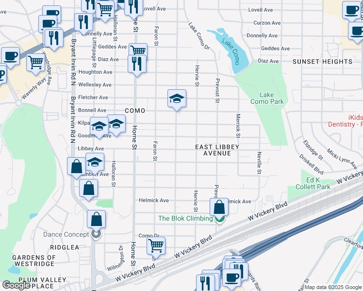 map of restaurants, bars, coffee shops, grocery stores, and more near 5426 Libbey Avenue in Fort Worth