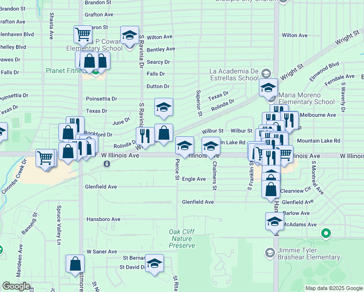 map of restaurants, bars, coffee shops, grocery stores, and more near 2747 Wilbur St in Dallas