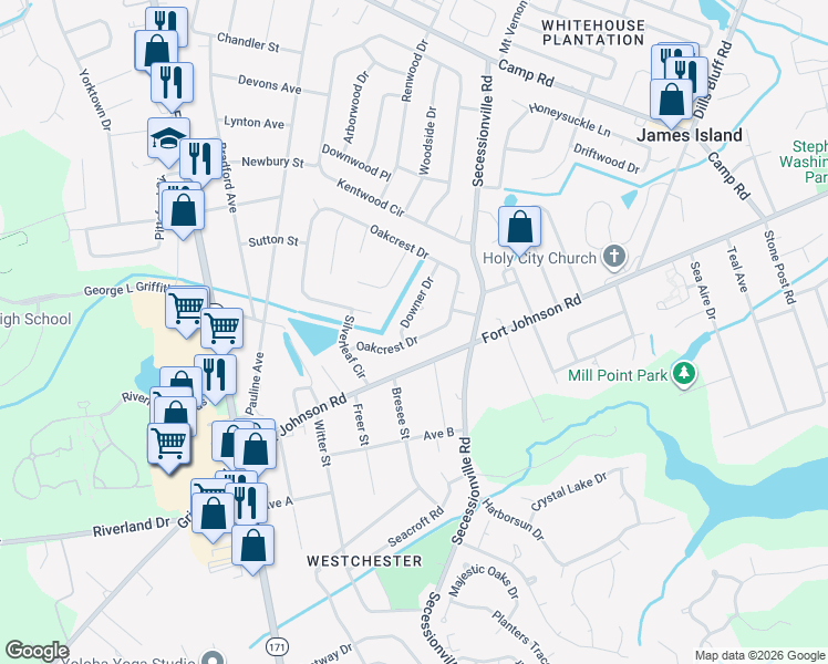 map of restaurants, bars, coffee shops, grocery stores, and more near 1228 Oakcrest Dr in Charleston