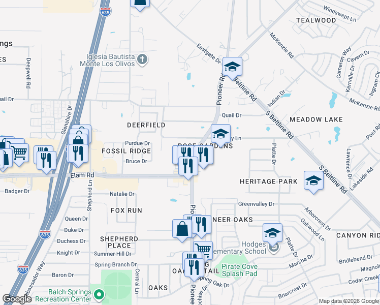 map of restaurants, bars, coffee shops, grocery stores, and more near 3521 Pioneer Road in Balch Springs
