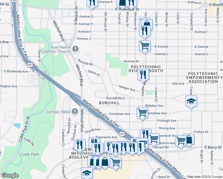 map of restaurants, bars, coffee shops, grocery stores, and more near 2901 Burchill Road South in Fort Worth