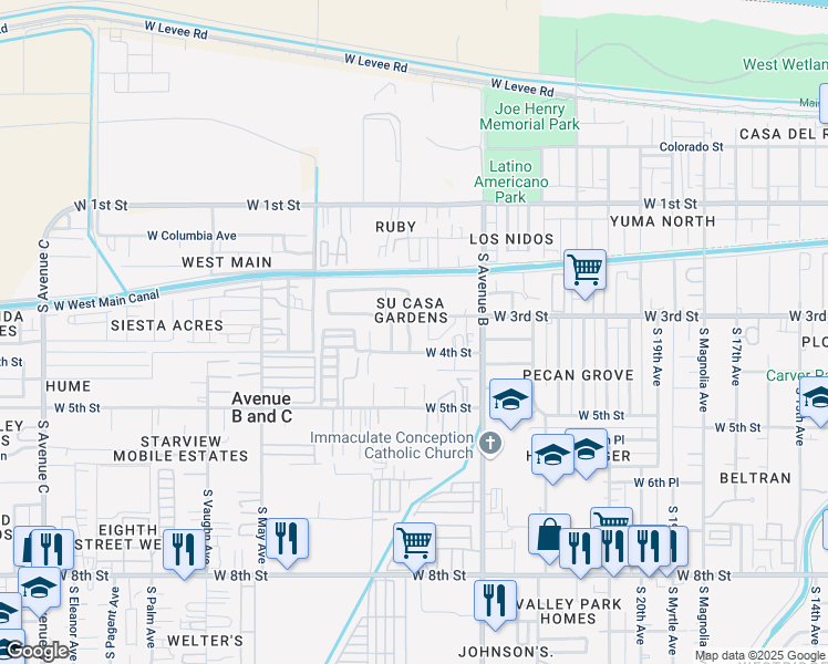 map of restaurants, bars, coffee shops, grocery stores, and more near 341 South 27th Drive in Yuma