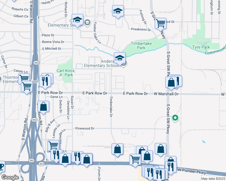 map of restaurants, bars, coffee shops, grocery stores, and more near 1441 Timberlake Drive in Arlington