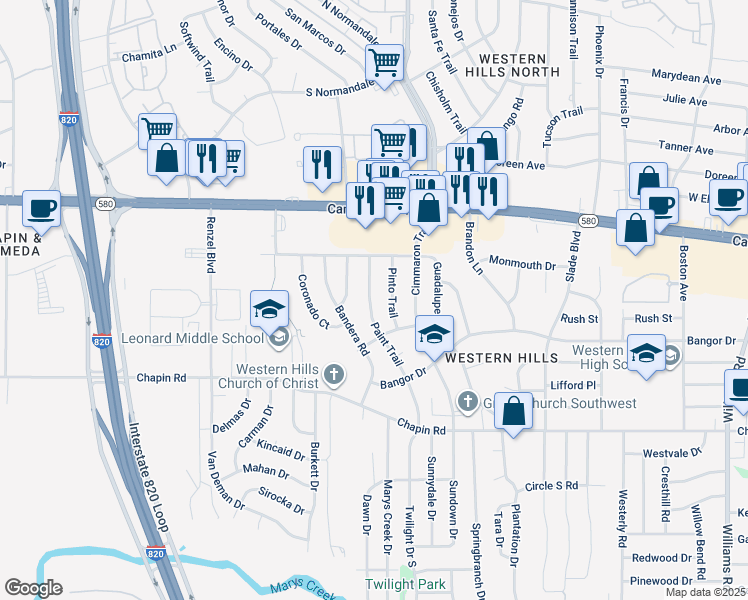 map of restaurants, bars, coffee shops, grocery stores, and more near 3501 Paint Trail in Fort Worth