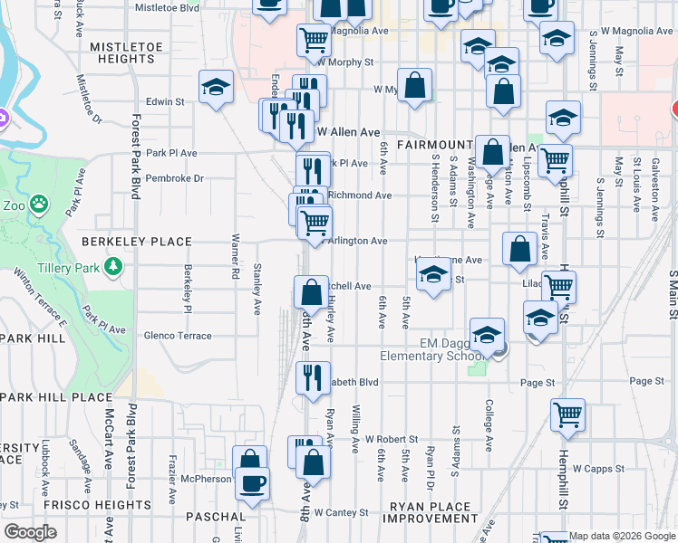 map of restaurants, bars, coffee shops, grocery stores, and more near 2115 Hurley Avenue in Fort Worth