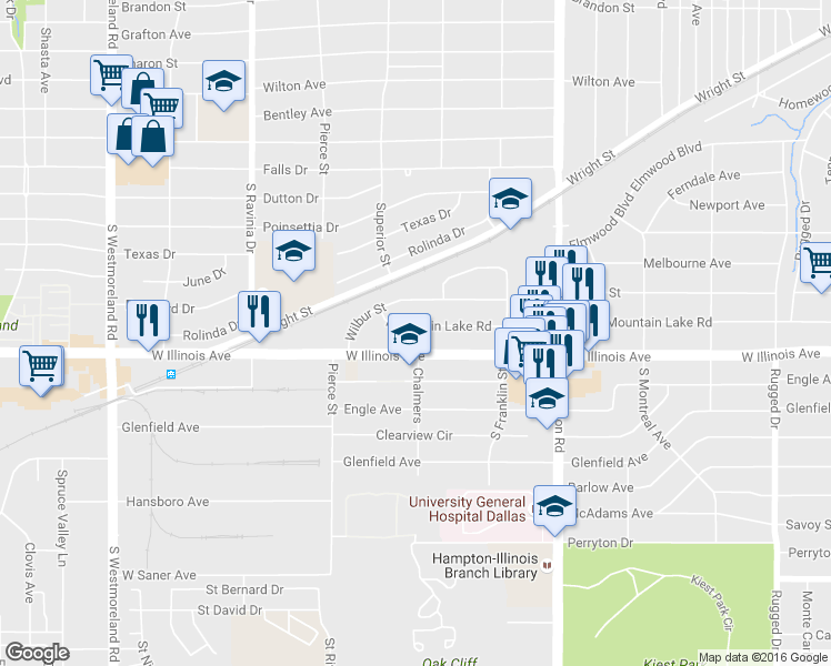 map of restaurants, bars, coffee shops, grocery stores, and more near 2626 Mountain Lake Road in Dallas