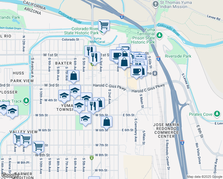 map of restaurants, bars, coffee shops, grocery stores, and more near 353 South 3rd Avenue in Yuma