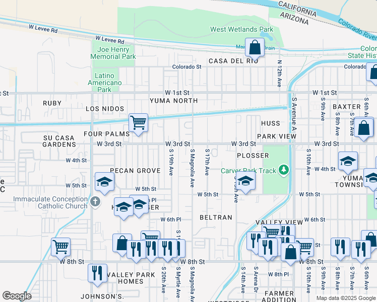 map of restaurants, bars, coffee shops, grocery stores, and more near 310 South Magnolia Avenue in Yuma