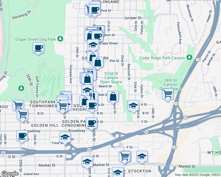 map of restaurants, bars, coffee shops, grocery stores, and more near 1441 31st Street in San Diego