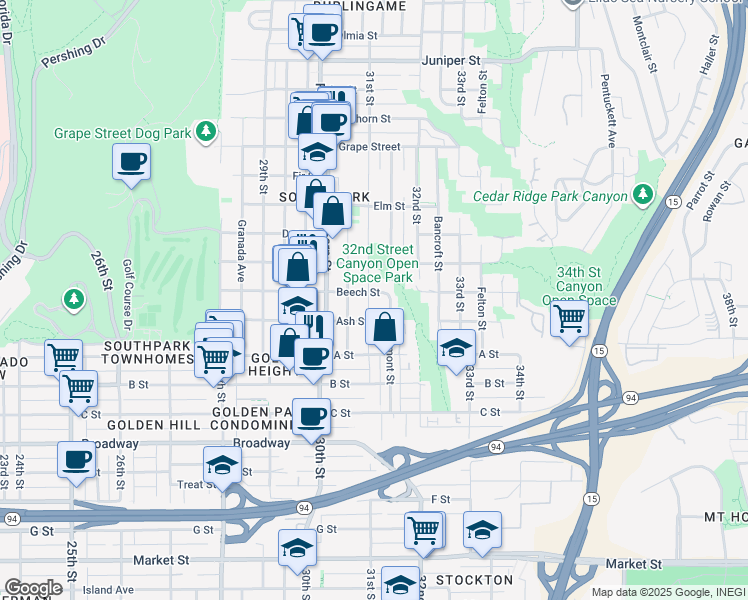 map of restaurants, bars, coffee shops, grocery stores, and more near 1441 31st Street in San Diego