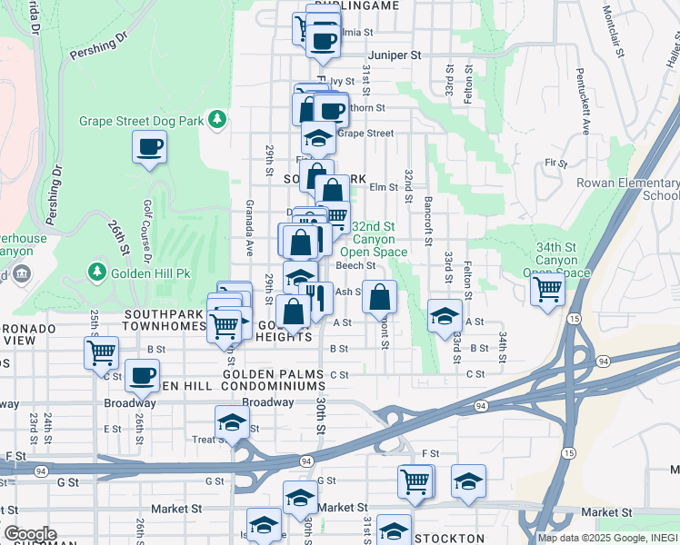 map of restaurants, bars, coffee shops, grocery stores, and more near 1435 Fern Street in San Diego