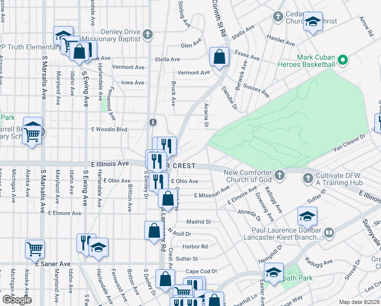 map of restaurants, bars, coffee shops, grocery stores, and more near 1523 Southerland Avenue in Dallas