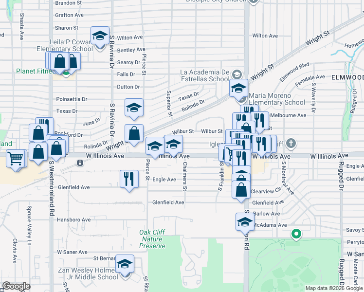 map of restaurants, bars, coffee shops, grocery stores, and more near 2626 Mountain Lake Road in Dallas