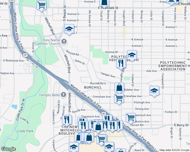 map of restaurants, bars, coffee shops, grocery stores, and more near 2901 Burchill Road South in Fort Worth