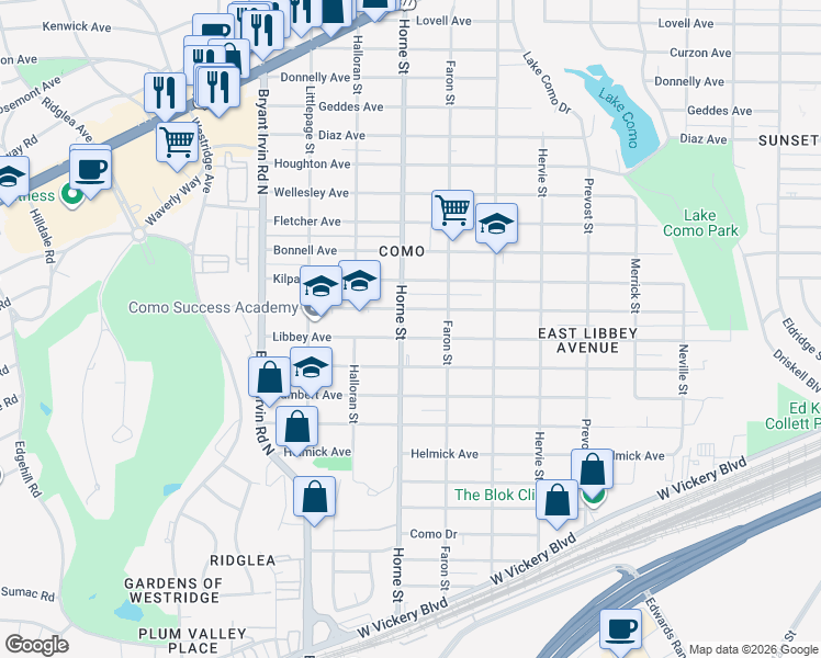 map of restaurants, bars, coffee shops, grocery stores, and more near 5612 Libbey Avenue in Fort Worth