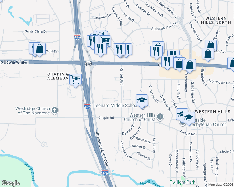 map of restaurants, bars, coffee shops, grocery stores, and more near 9109 Windrush Drive North in Fort Worth