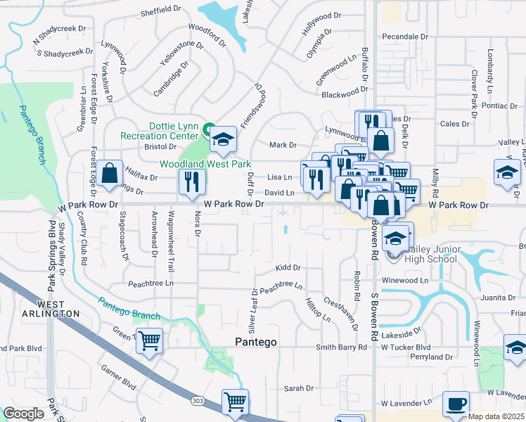 map of restaurants, bars, coffee shops, grocery stores, and more near 3006 West Park Row Drive in Pantego