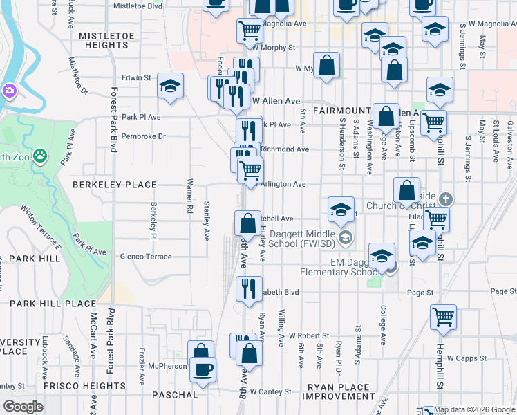 map of restaurants, bars, coffee shops, grocery stores, and more near 2115 Hurley Avenue in Fort Worth