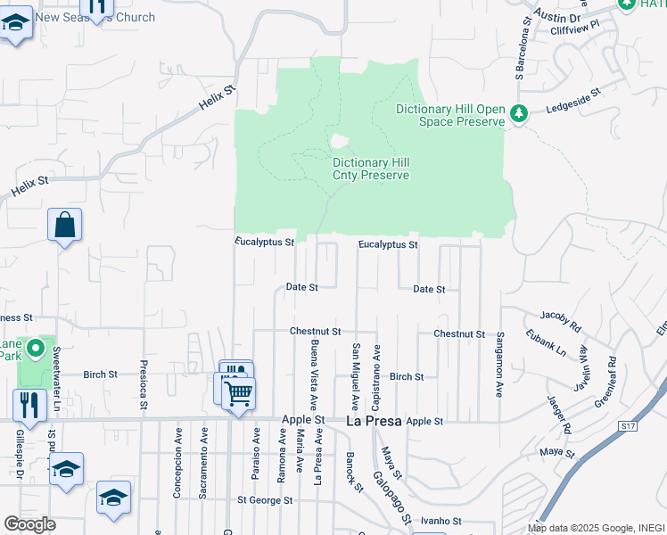 map of restaurants, bars, coffee shops, grocery stores, and more near 1634 La Presa Avenue in Spring Valley
