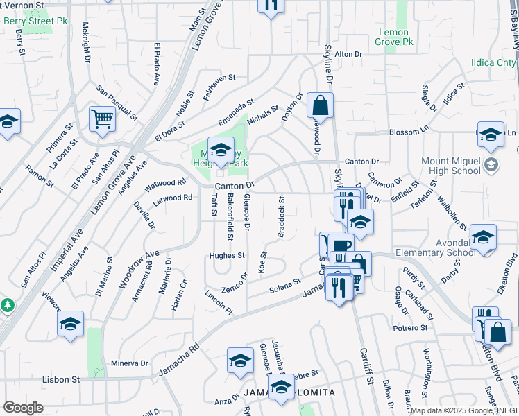 map of restaurants, bars, coffee shops, grocery stores, and more near 1534 Koe Street in Lemon Grove