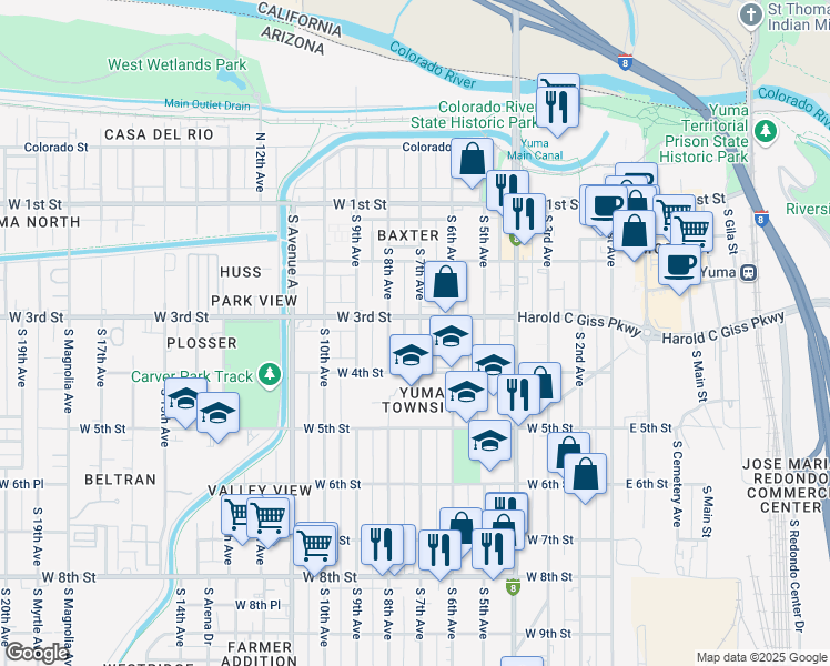 map of restaurants, bars, coffee shops, grocery stores, and more near 328 South 7th Avenue in Yuma