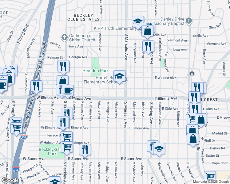 map of restaurants, bars, coffee shops, grocery stores, and more near 2211 Alaska Avenue in Dallas